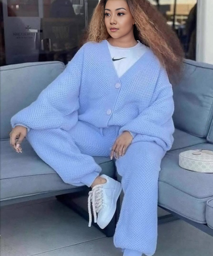 Sky-blue knit cardigan and matching pants set, button-front cardigan with wide cuffs