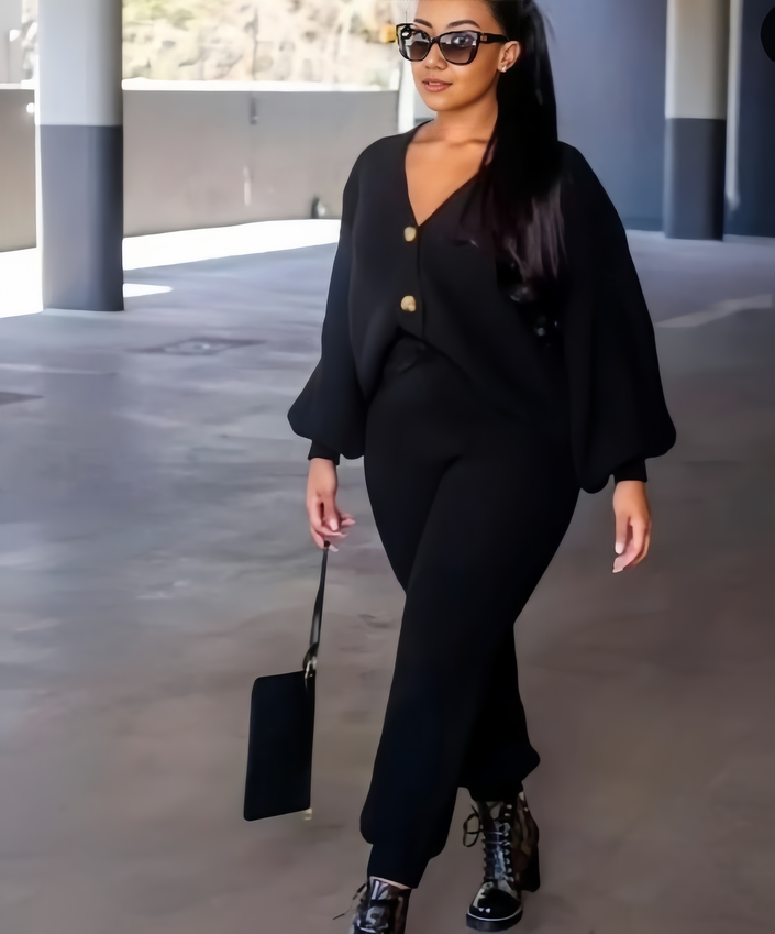 Black knit cardigan and matching pants set, V-neck button cardigan with tapered pants