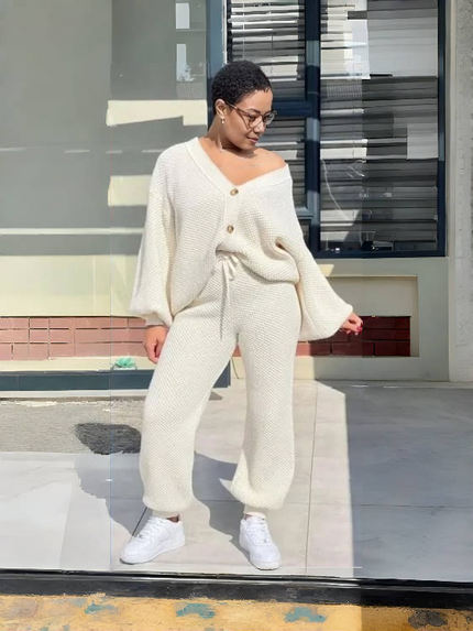 Cream knit cardigan and matching pants set, button-front cardigan with wide leg pants