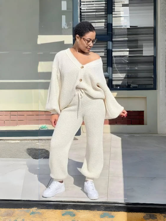 Cream knit cardigan and matching pants set, button-front cardigan with wide leg pants