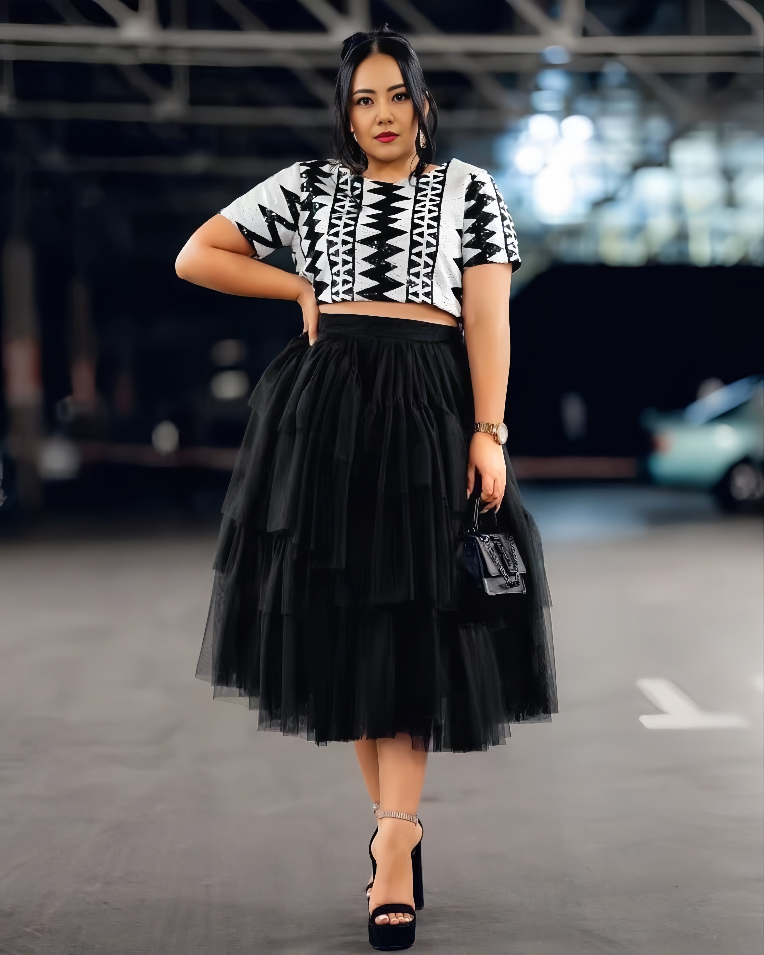 Black and white patterned crop top with black tulle midi skirt