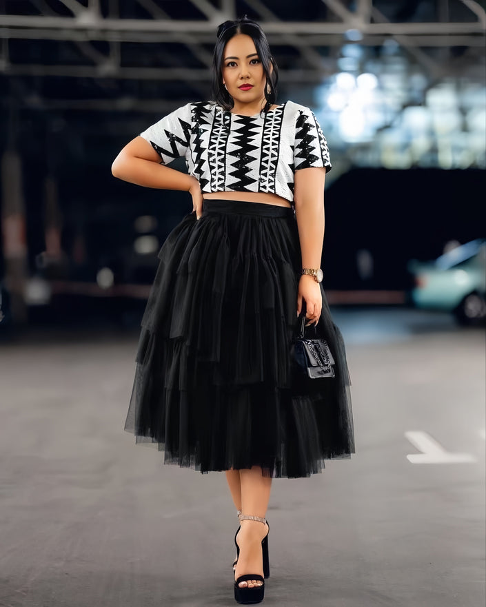 Black and white patterned crop top with black tulle midi skirt