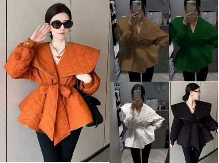 Belted puffy jacket with diamond quilting, shown in orange, tan, green, white, and black