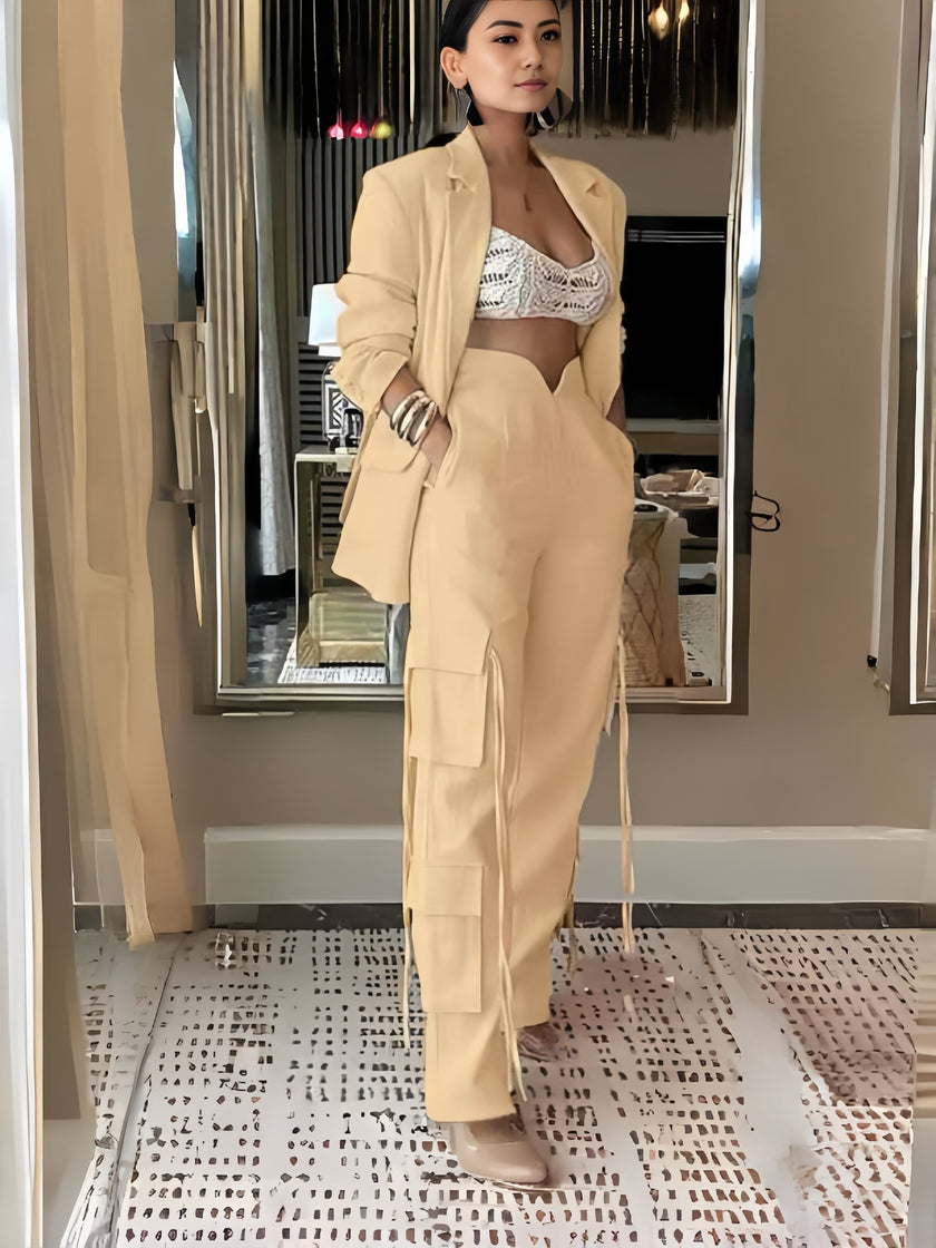 Creamy nude blazer and high-waist tie pants, long blazer with flap pockets