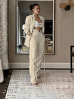 Beige blazer and high-waist tie pants set, long blazer with flap pockets