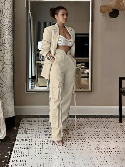Beige blazer and high-waist tie pants set, long blazer with flap pockets