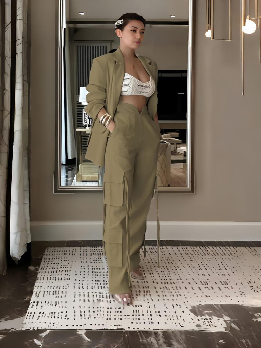 Fashion Two-Piece Set - Blazer and High-Waisted Tie Pants