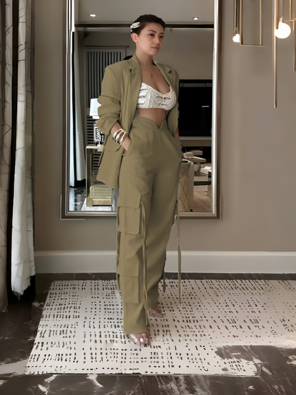 Olive green blazer with flap pockets and high-waist tie cargo pants