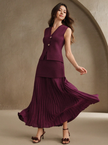 Maroon pleated midi skirt with matching sleeveless vest, gold buttons and V neckline