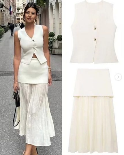 Cream twin set: sleeveless vest with gold buttons and pleated midi skirt