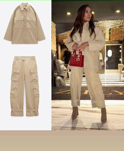 Beige Relaxed-fit Twin Set: utility overshirt with chest pockets and matching cargo pants