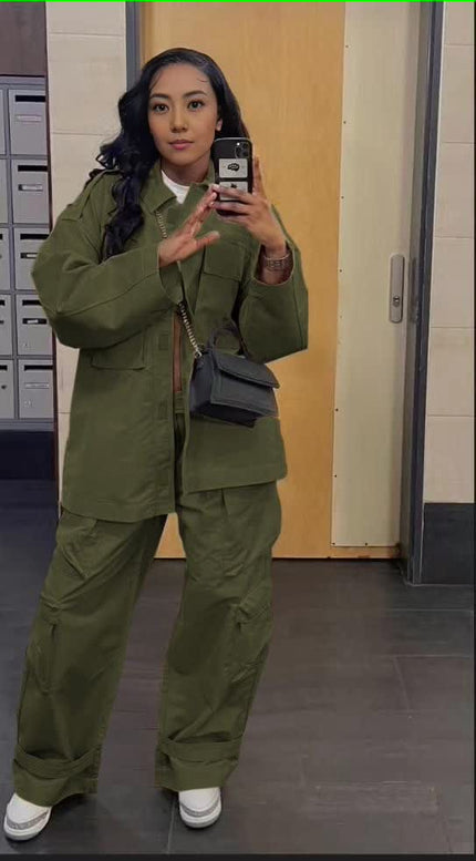 Dark-olive-green Twin Set: relaxed utility jacket with flap pockets and cargo trousers