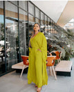 Wide-leg trousers in lime green with relaxed fit and tie waist