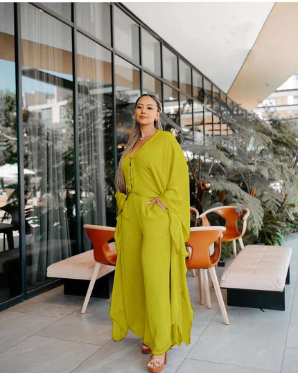 Wide-leg trousers in lime green with relaxed fit and tie waist