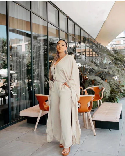Wide-leg trousers in beige with relaxed fit and tie waist