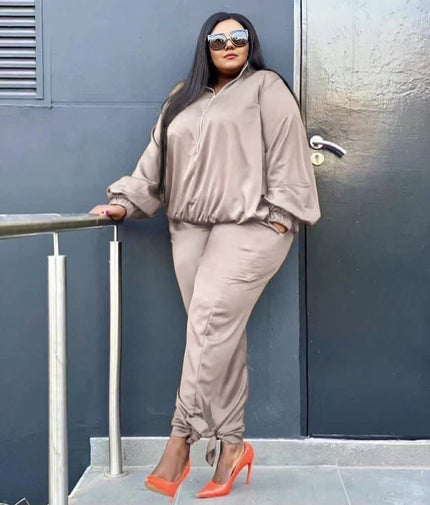 Burlywood 2-piece lounge set: draped blouse with elastic cuffs, jogger pants
