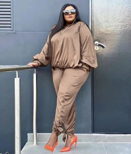 Burlywood 2-piece lounge set: loose blouse with elastic waist, matching jogger pants