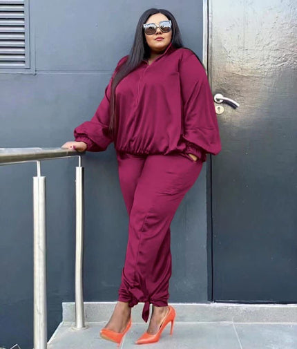 Maroon 2-piece lounge set: balloon-sleeve blouse with elastic waist and jogger pants