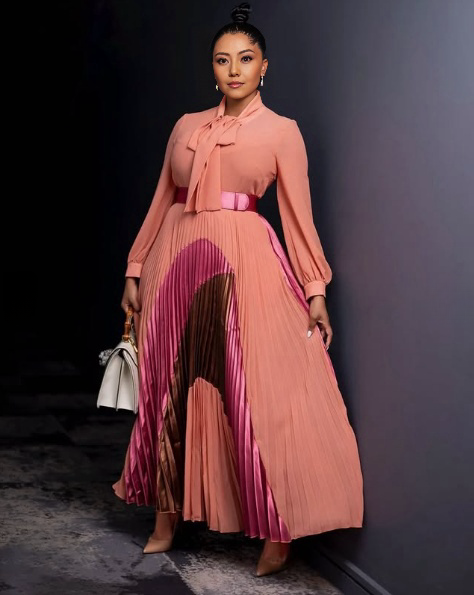 Elegant Pleated Long Sleeve Dress with Unique Geometric Pattern Design, Bow Tie Collar and Waist Belt Decoration