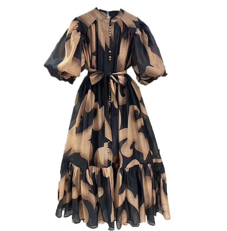 Vintage Style Puff Sleeve Tie Waist Long Dress