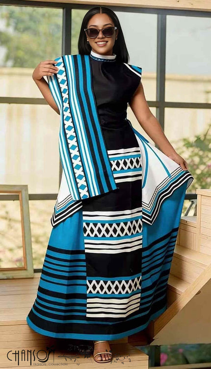 Geometric print maxi dress with black, blue, and white stripes, sleeveless