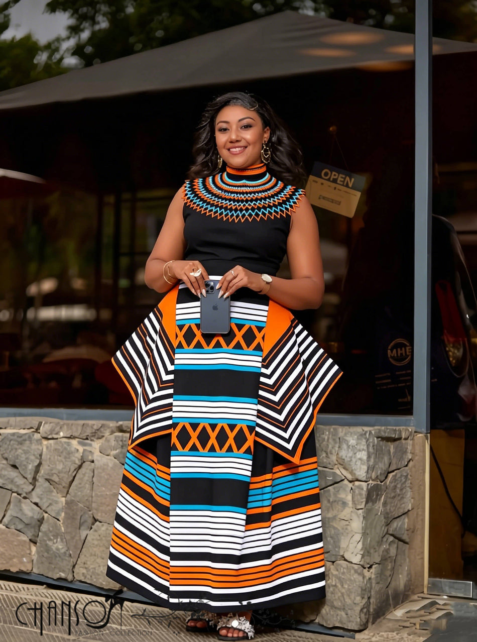 Sleeveless High-Neck Ethnic Maxi Dress Layered Skirt with Geometric Prints For Events