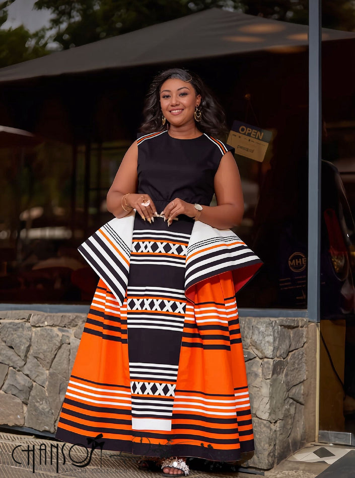 Sleeveless geometric maxi dress, black with orange and white stripe panels