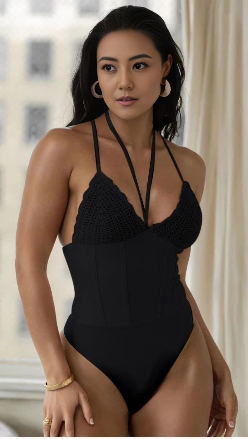 Halter Neck Knit Top & Ribbed Pencil Skirt Twin Set - Stripe Design