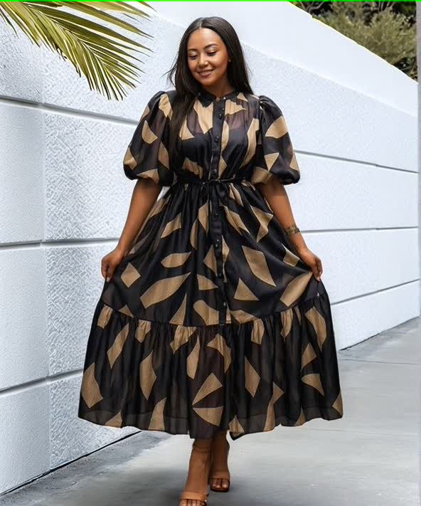 Vintage Style Puff Sleeve Tie Waist Long Dress