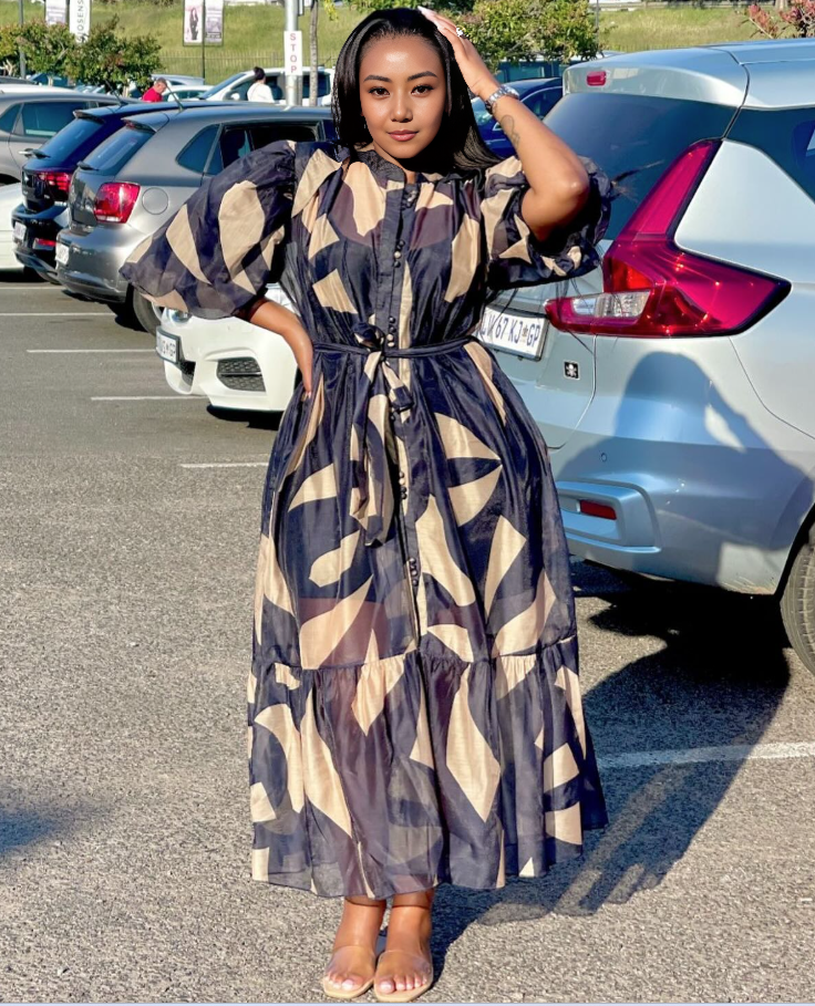 Vintage Style Puff Sleeve Tie Waist Long Dress