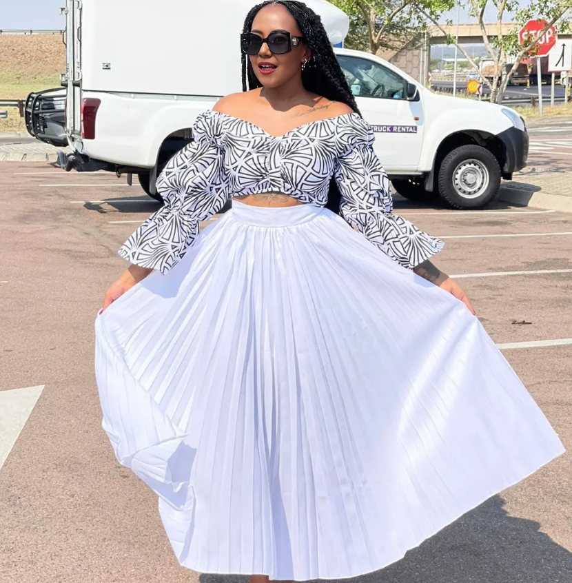 Off-Shoulder Cropped Top and High-Waisted Pleated Maxi Skirt Set