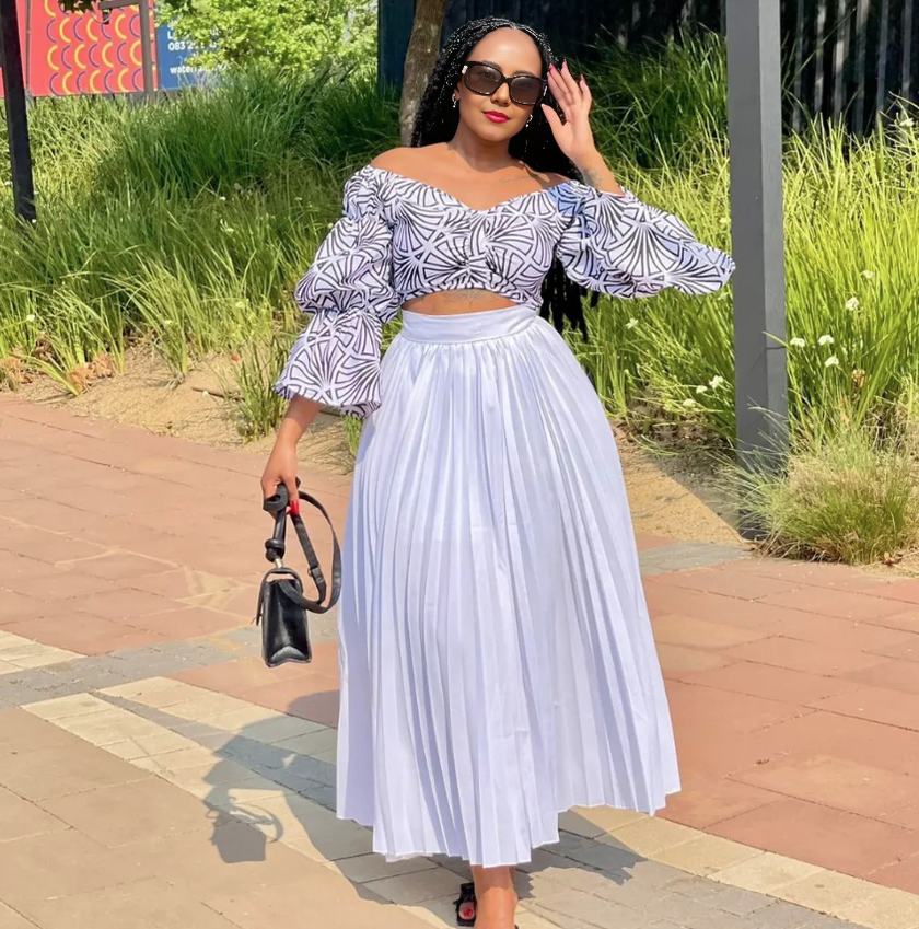 Off-Shoulder Cropped Top and High-Waisted Pleated Maxi Skirt Set