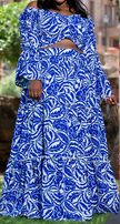 Blue printed maxi dress with tiered ruffles and long flounce sleeves