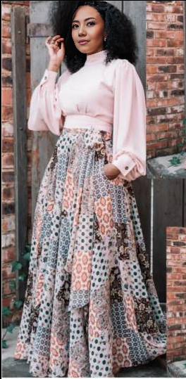 Geometric floral maxi dress with puff sleeves, pink bodice, long tiered patterned skirt