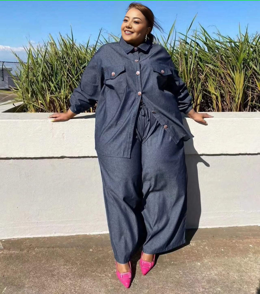 Long Sleeve Shirt and Loose Fit Long Pants Two-Piece Set with Chest Pockets and Drawstring Waist