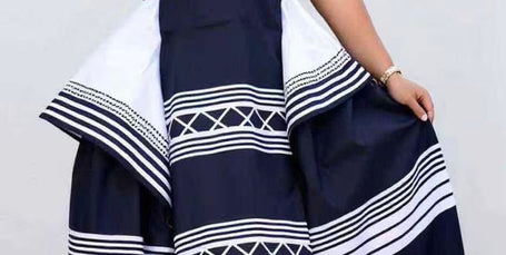 Geometric maxi dress in dark navy with white striped border, sleeveless plus size
