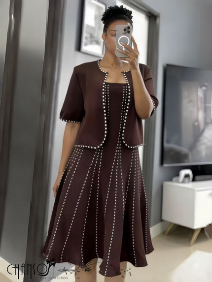 Maroon beaded twin set dress with short sleeves and A-line skirt, square neckline