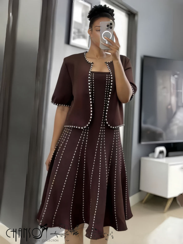 Maroon beaded twin set dress with short sleeves and A-line skirt, square neckline
