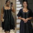 Black beaded twin set dress, sleeveless square-neck bodice, A-line skirt