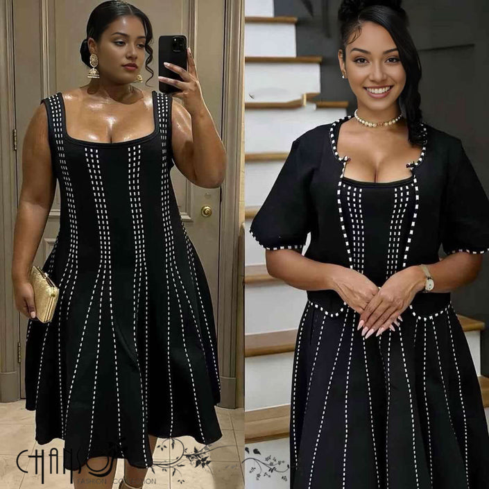 Black beaded twin set dress, sleeveless square-neck bodice, A-line skirt
