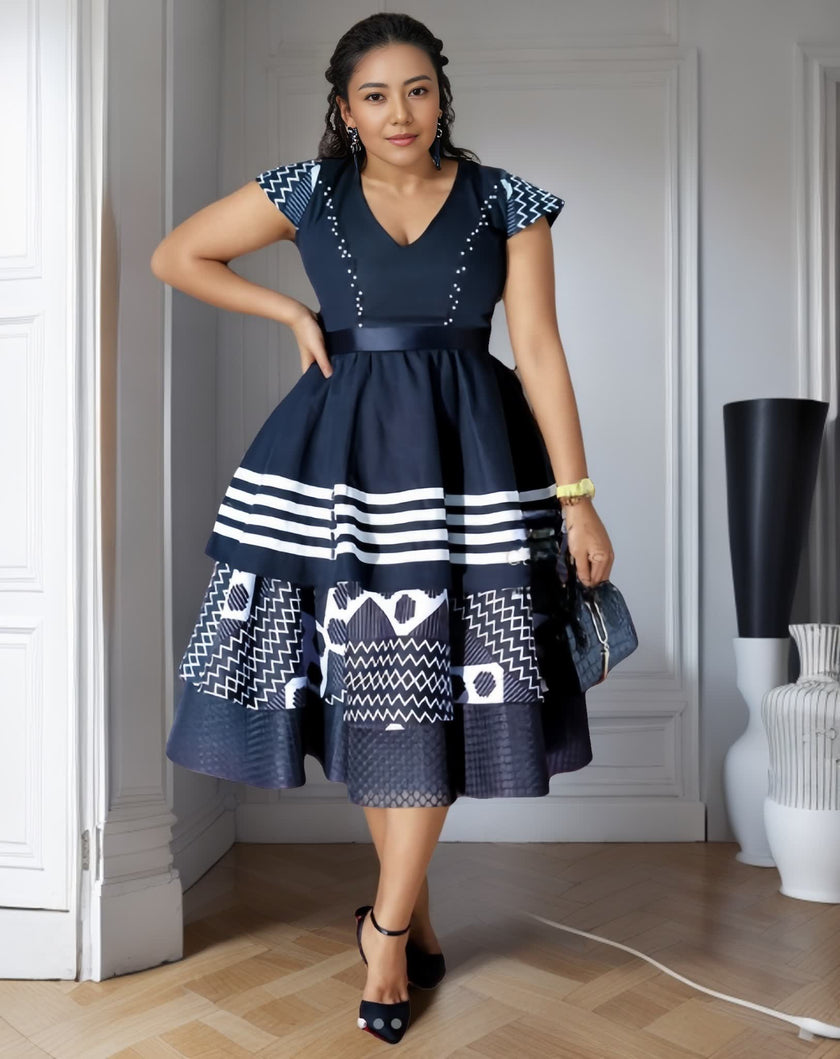 Traditional V-Neck Geometric Pattern Dress