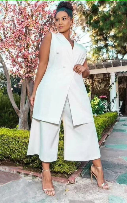 Sleeveless blazer and wide-leg pants set, white, double-breasted sleeveless blazer