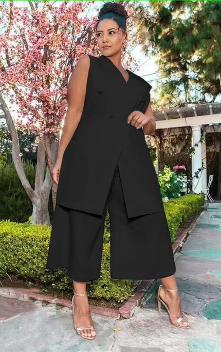 Sleeveless blazer and wide-leg pants set, black, double-breasted sleeveless blazer
