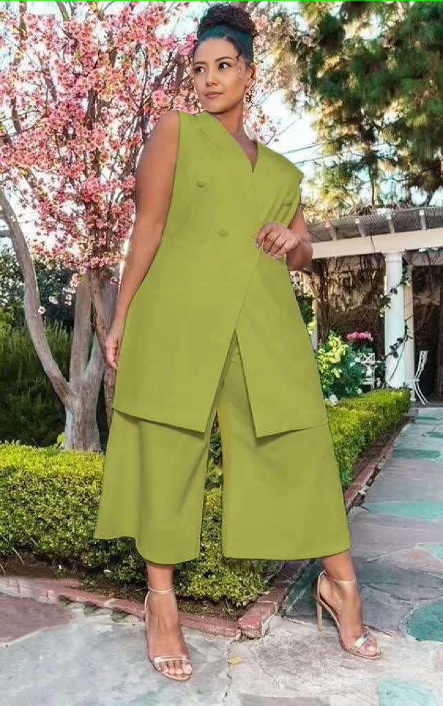 Sleeveless blazer and wide-leg pants set, lime green, double-breasted sleeveless blazer