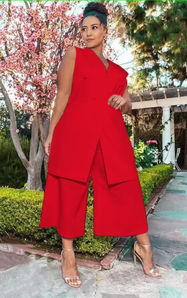 Asymmetrical Hem Sleeveless Blazer & Wide-Leg Pants Twin Set