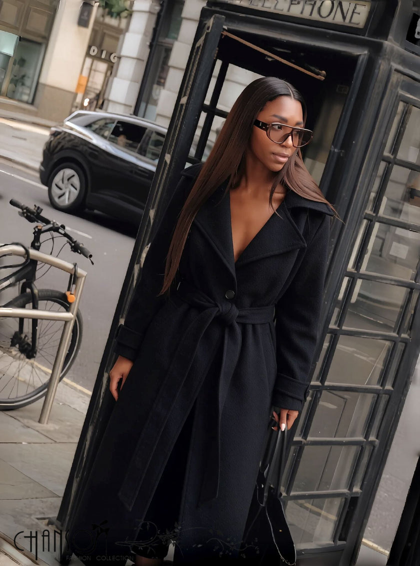 Lapel Collar Belted Long Trench Coat Single-Breasted For Office & Business Wear