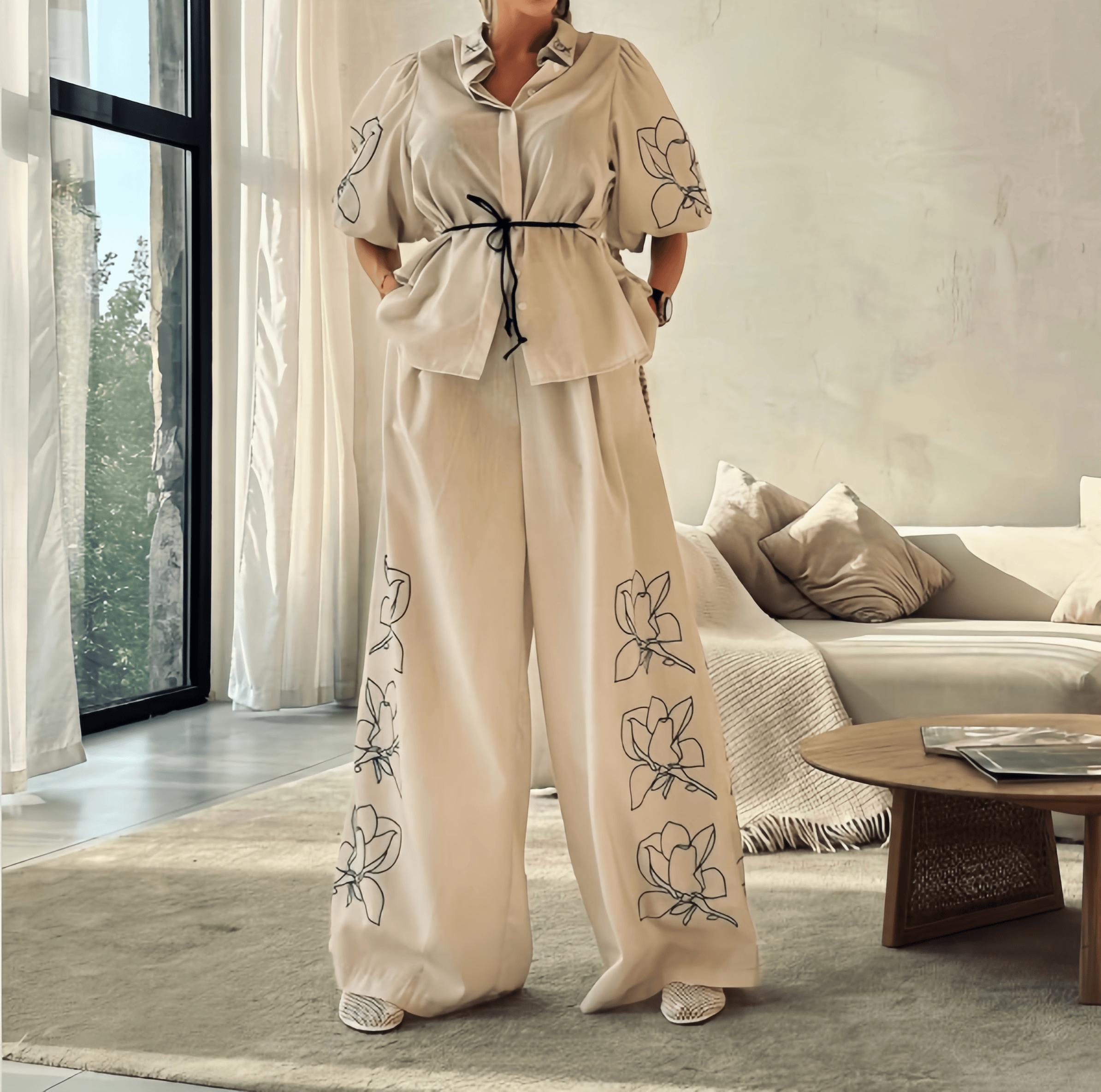 Cream wide-leg pant set with puff sleeves, tie waist blouse and floral embroidery