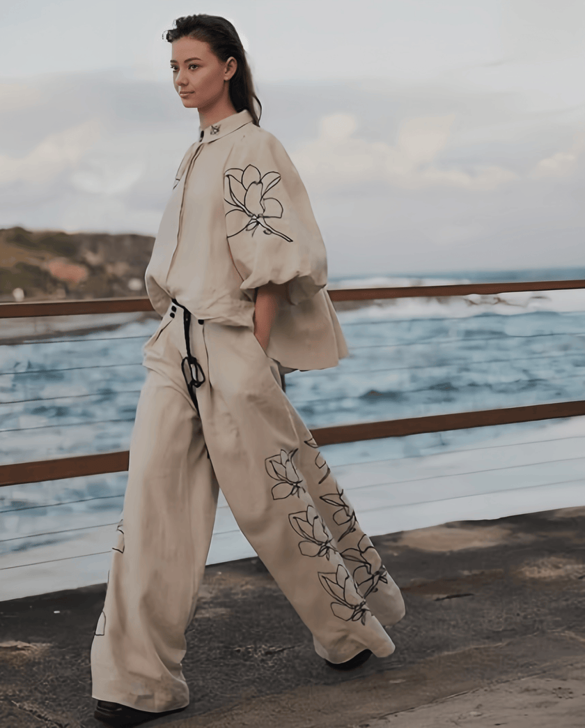 Cream floral embroidered puff-sleeve twin set with wide-leg pants