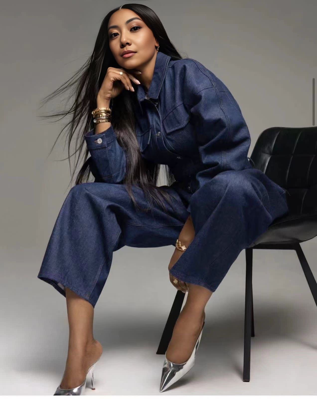 Denim twin set with cropped jacket and high-waist wide-leg jeans pants, dark blue