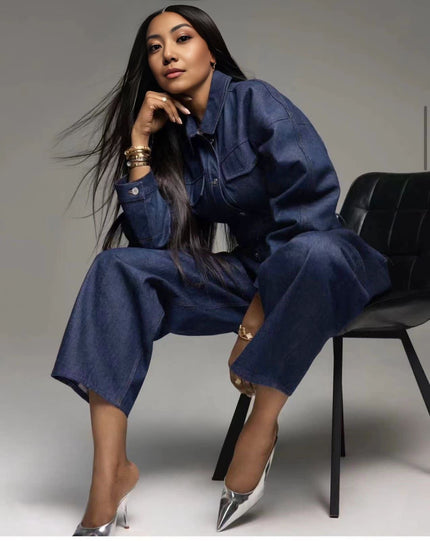 Denim twin set with cropped jacket and high-waist wide-leg jeans pants, dark blue